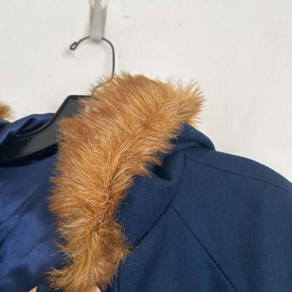 Tulle Anthropologie Wool Brown Faux Fur Trim Hood Long Blue Coat Size Medium - Picture 5 of 12